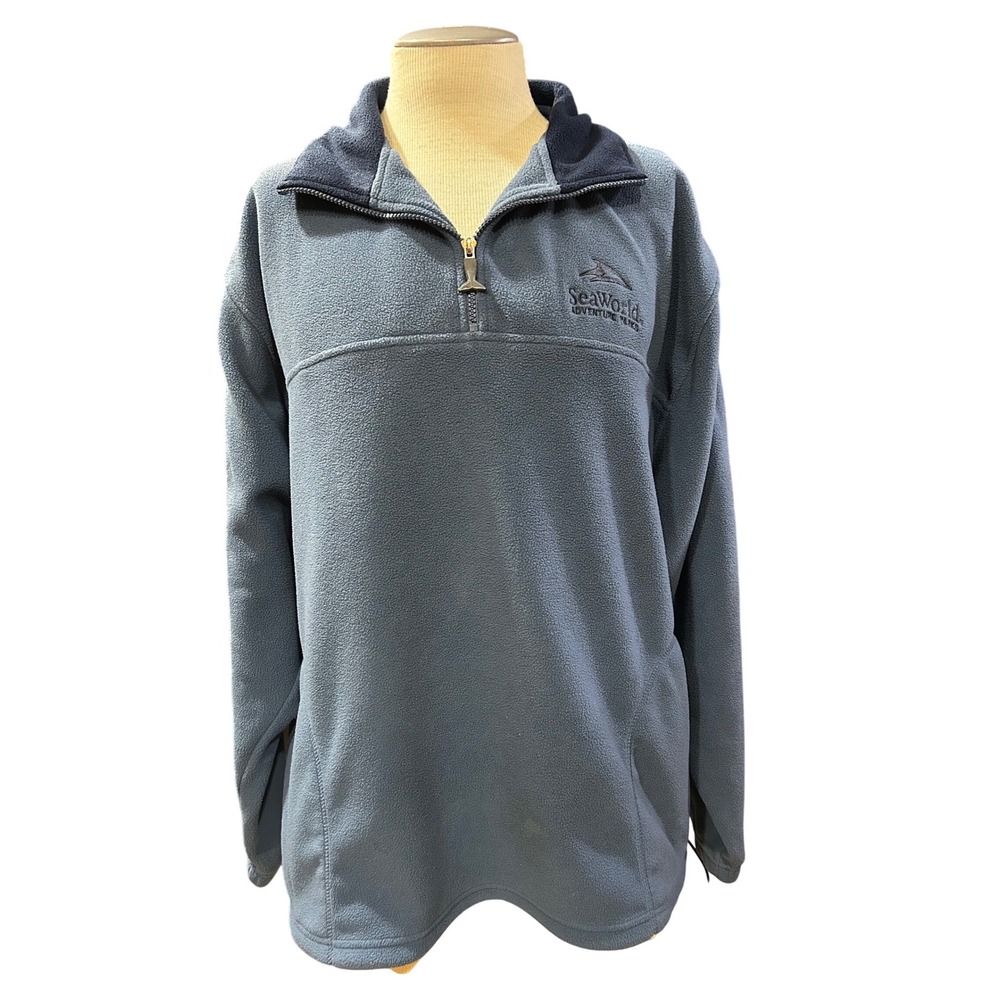 SeaWorld Shamu Mens XL Blue Quarter Zip Fleece Pullover Sweater Whale Tail Zip